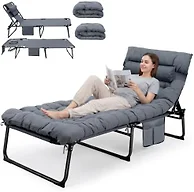Ahsuname Tanning Chair with Face Hole, 5-Position Adjustable Backrest Beach Lounge Chair with Pillow, Side Pocket & Padded Cushion for Outdoor Patio Pool Lawn Deck, Grey