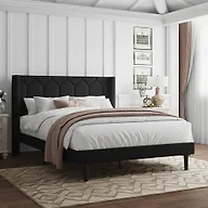 IOILORI Full Size Bed Frame with Velvet Upholstered Headboard, Platform Bed Frame No Box Spring Needed, Modern Bedframe with Strong Wooden Slats, Black