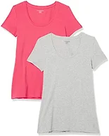 Amazon Essentials Women's Regular-Fit Short-Sleeve Scoop Neck Cotton T-Shirt, Pack of 2, Pack of 2, Light Heather Grey / Hot Pink, X-Small