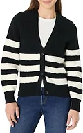 Amazon Essentials Women's Soft Touch Ribbed Blouson V-Neck Cardigan Sweater, Black Ivory Stripe, X-Small