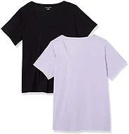 Amazon Essentials Women's Regular-Fit Short-Sleeve Scoop Neck Cotton T-Shirt, Pack of 2, Pack of 2, Black / Lavender, X-Small