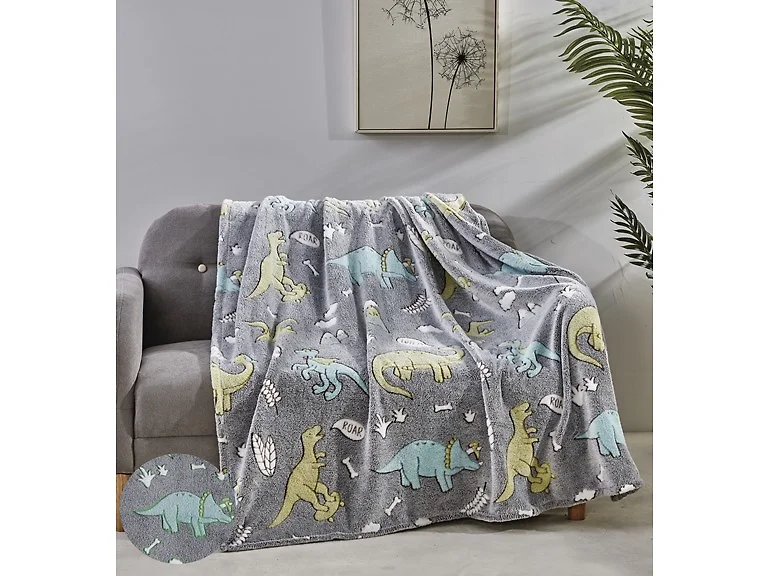 2Pk Glow In The Dark Throw Grey Dino Friends