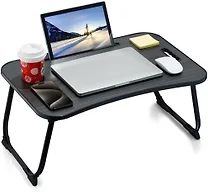 ZEAPTAC Laptop Bed Desk, Foldable Lap Desk, Portable Lap Table, Laptop Stand with Cup Holder, Tablet Slot & Lifting Handle for Work, Write, Draw & Eat on Bed, Sofa or Couch - Black