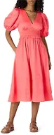 Amazon Essentials Women's Regular-Fit Cotton Sateen Puff Sleeve Midi Dress, V-Neck, Coral Pink, X-Large