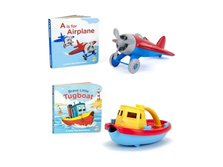 Green Toys Tugboat & Board Book & Airplane Board Book Bundle 