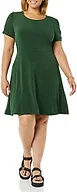 Amazon Essentials Women's Gathered Short Sleeve Crew Neck Shift Dress Dress, -Dark Green, X-Small