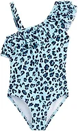 Kanu Surf Girls' Morgan Floral Ruffle 1-Shoulder 1-Piece Swimsuit, Beach Leopard Blue, 12
