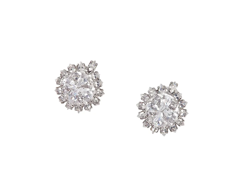 Saffron Stainless Steel Silver Tone Cluster Cubic Zirconia Stud Earrings