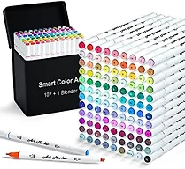 Smart Color Art 108 Pack Art Markers, 107 Alcohol Based Marker Pens and 1 Blender, Dual Tip Coloring Permanent Markers Highlighters with Case, Excellent for Adults Kids Marking Drawing Sketching