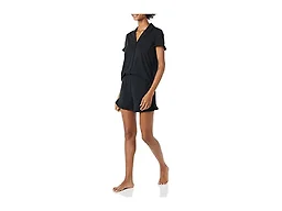 Amazon Essentials Women's Cotton Modal Piped Notch Collar Ruffle Pajama Short Set (Available in Plus Size), Black, X-Small