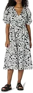 Amazon Essentials Women's Regular-Fit Cotton Sateen Puff Sleeve Midi Dress, V-Neck, Black Ivory Folk Floral, XX-Small