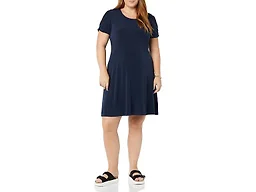 Amazon Essentials Women's Gathered Short Sleeve Crew Neck Shift Dress Dress, -Navy, X-Small