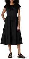 Amazon Essentials Women's Relaxed-Fit Cotton Sateen Crewneck Tiered Midi Dress with Flutter Sleeves, Back Button Closure, Black, XX-Large