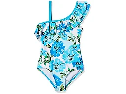 Kanu Surf Girls' Morgan Floral Ruffle 1-Shoulder 1-Piece Swimsuit, Flower Power Blue, 3T