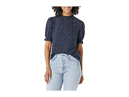 Amazon Essentials Women's Fluid Twill Short Puff Sleeve Ruffle Smock Detail Blouse, Navy White Ditsy Print, Small
