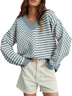 UNCLECAT Womens V Neck Striped Sweater - Blue, Large