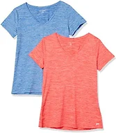 Amazon Essentials Women's Active Quick Dry Tech Stretch Short-Sleeve V-Neck T-Shirt (Available in Plus Size), Pack of 2, Coral Orange Space Dye/Light Blue Space Dye, Small