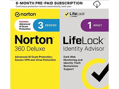 Norton 360 3 Device with LifeLock Identity Advisor & VPN (6 Month Subscription)