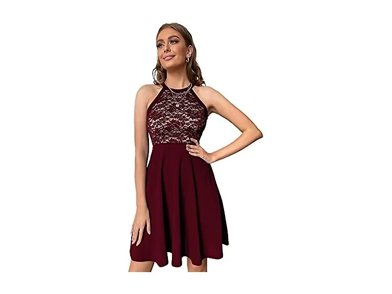 Wdirara Women (XS) Lace Halter Zipper Back Dress