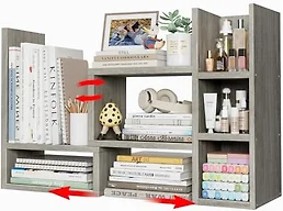 NUTIKAS Desk Shelves Desktop Organizer Shlef - Grey Office Organization for Top of Desk Organizers and Accessories Corner Bookshelf Table Top Shelving Small Hutch Decorations for Office