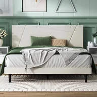 IOILORI Queen Size Bed Frame Platform with Velvet Upholstered Headboard, Geometric, Sturdy Frame and Wooden Slats, Noiseless, No Box Spring Required, Easy to Assemble,Beige