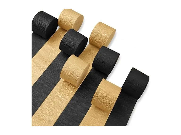 PartyWoo Black and Gold Metallic Black Crepe Paper Streamers