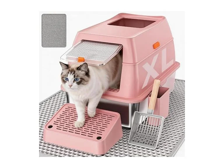 CatbruLop Stainless Steel Litter Box with Lid, Pink