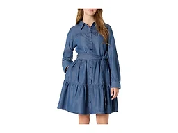 Amazon Essentials Women's Button Front Fit and Flare Denim Chambray Long-Sleeve Tiered Shirtdress, Classic Medium Wash, Large