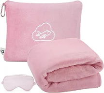ENZOLVE Travel Blanket Pillow,Airplane Blanket Compact with Bag Eye Mask, Ultra-Soft,Warm & Lightweight Included,Travel Essentials for Women & Men, Luggage Sleeve & Backpack Clip 65x40 in, Pink