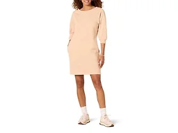 Amazon Essentials Women's Relaxed Fit Fleece Blouson Sleeve Boatneck Sweatshirt Dress (Available in Plus Size), Beige, Large