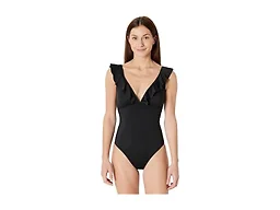 Amazon Essentials Women's Ruffle V-Neck One-Piece Swimsuit, Washed Black, X-Small