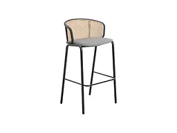 LeisureMod Ervilla Mid-Century Modern Wicker Bar Stool with Fabric Seat and Black Powder Coated Steel Frame for Kitchen and Dining Room in Grey