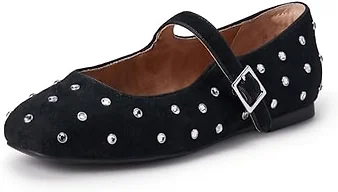 Amazon Essentials Women's Mary Jane Ballet Flat, Black Faux Suede/Crystals, 10