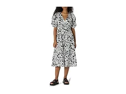 Amazon Essentials Women's Regular-Fit Cotton Sateen Puff Sleeve Midi Dress, V-Neck, Black Ivory Folk Floral, Small