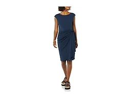 Amazon Essentials Women's Cap Sleeve Boat-Neck Faux Wrap Pleated Matte Jersey Dress, Navy, Medium