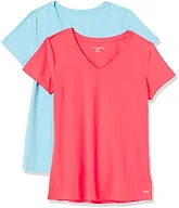 Amazon Essentials Women's Active Quick Dry Tech Stretch Short-Sleeve V-Neck T-Shirt, Moisture-Wicking, Blue/Neon Pink, X-Small