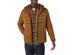 Amazon Essentials Men's Lightweight Water-Resistant Packable Hooded Puffer Jacket, Light Brown, X-Small