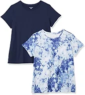 Amazon Essentials Women's Active Quick Dry Tech Stretch Short-Sleeve Crewneck T-Shirt, Pack of 2, Navy/White Tie Dye, Small