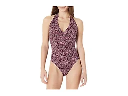 Amazon Essentials Women's Halter One Piece Swimsuit, Brick Red Lilac Leopard, Large