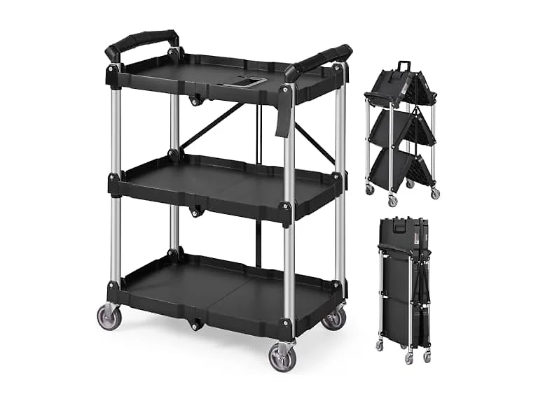 Foldable Utility Service Cart, 3 Shelf 165LBS