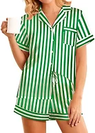 Girece Women's Satin Pajama Set Short Sleeve with Shorts,Green Striped, M