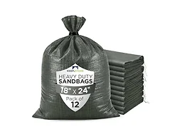 Heavy Duty Sand Bags Pack of 12, Army Green Empty Sandbags with Built-In Ties, Woven Polypropylene UV Protection 1600 Hours, Fillable Bags for Flood Control, Weight, 18x24 inches, 60 Pounds Volume
