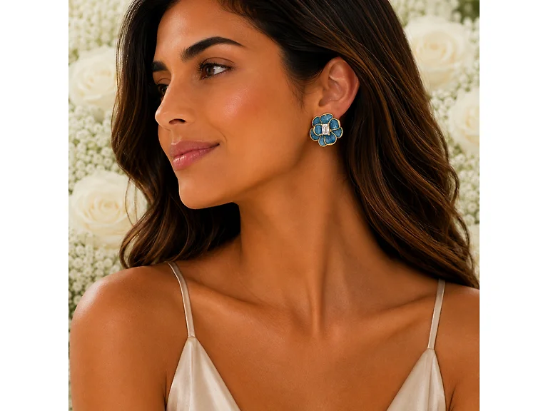 18K Gold Blue Floral Crystal Studs