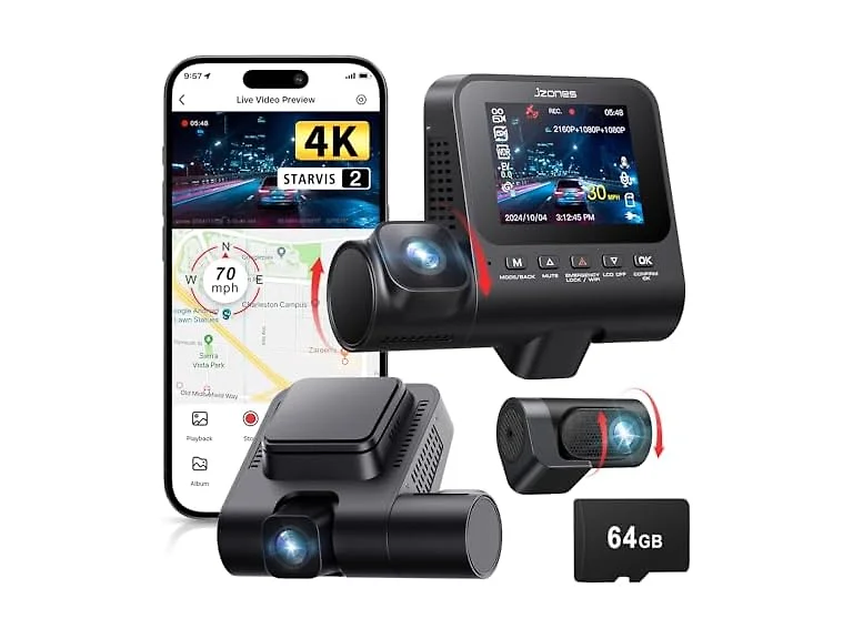 Jzones 4K 3-Channel Dash Cam with Starvis 2 and 64GB Card Included