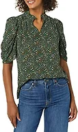 Amazon Essentials Women's Lightweight Georgette Half-Sleeve Ruffle Neck V-Neck Woven Blouse, Dark Green Floral, Medium