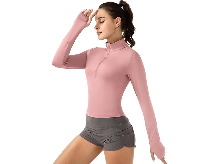 GGOV Women (M) Crop Tops Long Workout Shirt Zip