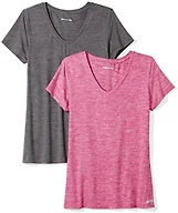 Amazon Essentials Women's Active Quick Dry Tech Stretch Short-Sleeve V-Neck T-Shirt, Moisture-Wicking, Pack of 2, Charcoal Heather Space Dye/Raspberry Red Space Dye, X-Small