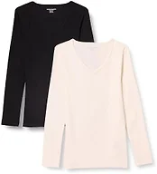 Amazon Essentials Women's Slim-Fit Long Sleeve V-Neck Knit Rib Shirts (Available in Plus Size), Pack of 2, Eggshell White/Black, 5X
