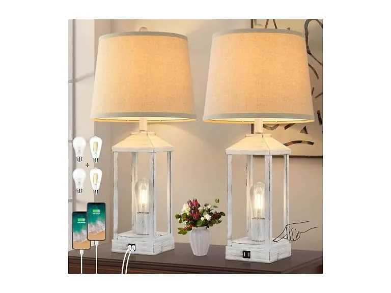 White Farmhouse Table Lamps, Set of 2