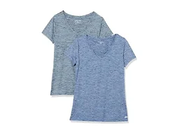 Amazon Essentials Women's Active Quick Dry Tech Stretch Short-Sleeve V-Neck T-Shirt, Moisture-Wicking, Pack of 2, Black Heather/Navy Heather, Medium